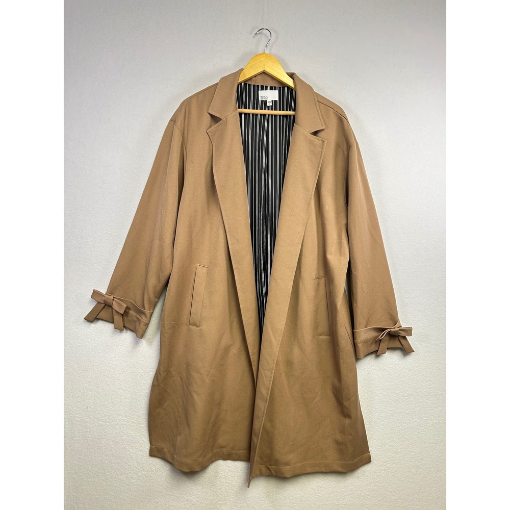 DR2 Tan Notch Lapel Longline Trench Coat Bow Sleeve Women XL